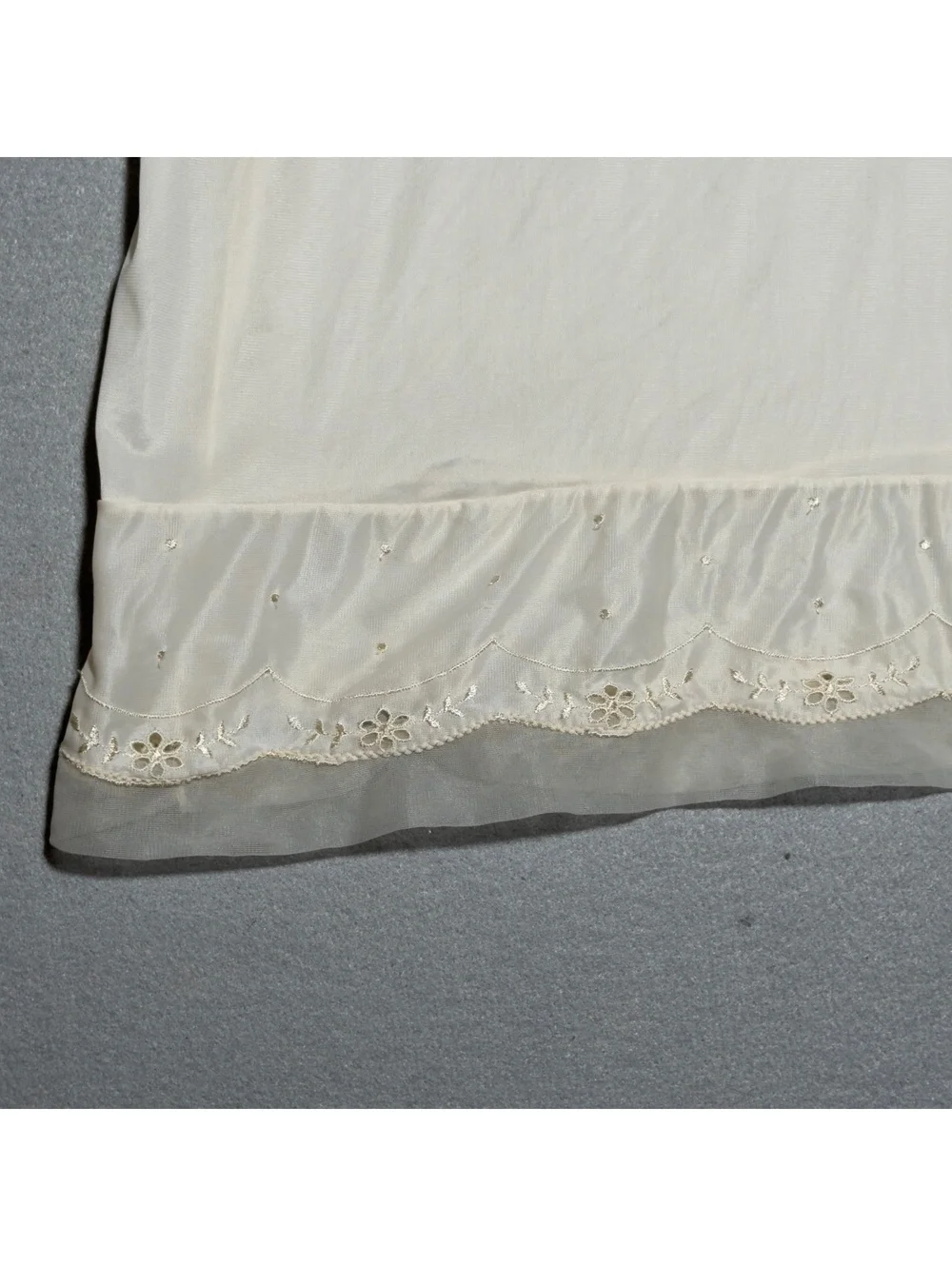Vintage Ivory Nylon Slip Dress with Embroidered Hem and Contrast Trim